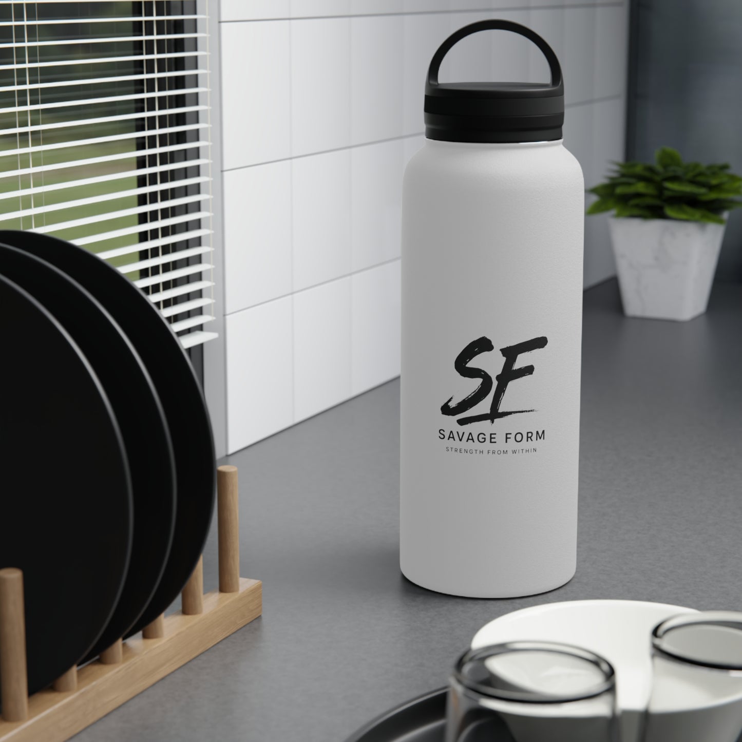 Savage Form Stainless Steel Water Bottle with Handle Lid.